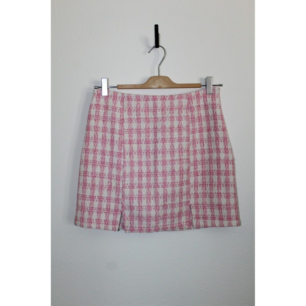 Blue Rain Francesca's‎ Pink White Tweed Plaid Mini Skirt Preppy Women's Medium
